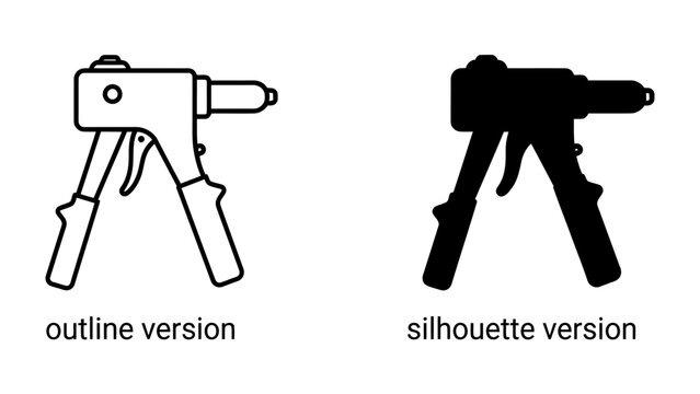 Riveter Tool Outline and Silhouette: Two graphic representations of a hand-operated riveter tool, one as a clean line outline and the other as a solid black silhouette.