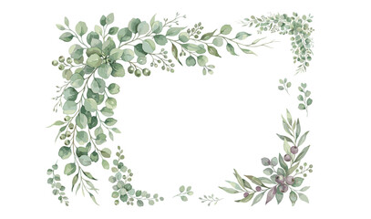 A charming watercolor corner border frame with green eucalyptus leaves and branches featuring soft rounded foliage, delicate stems, and elegant botanical greenery illustrated in a natural hand-painted © arfin
