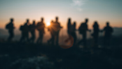 Fototapeta premium Generative AI depicts a group of people silhouettes against a sunset horizon