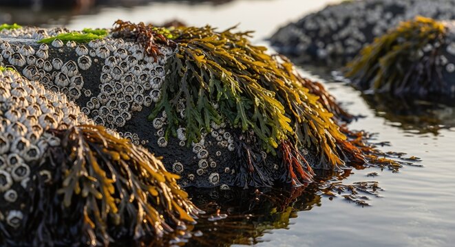 Close-up of vibrant seaweed and barnacles clinging to a rock in gentle water