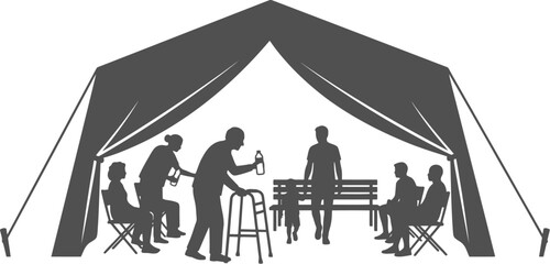 Silhouette of diverse people resting inside public cooling shelter tent during extreme summer heatwave vector art illustration © Nabil