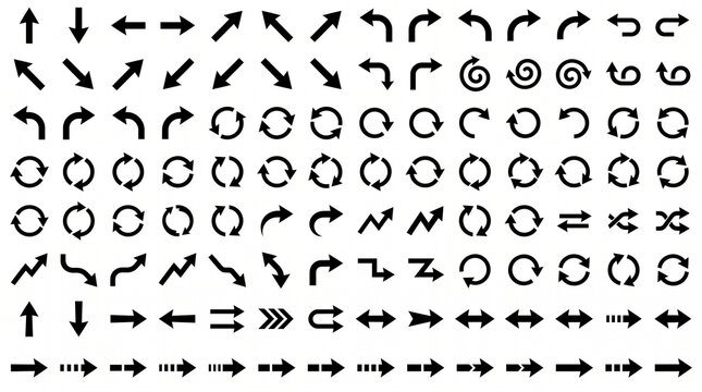 Collection of diverse arrow icons in grid layout, representing direction, motion, rotation, and progression with bold minimalist design.