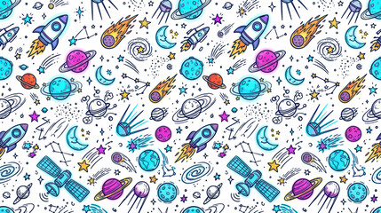 Cute Space Pattern with Rockets, Planets, and Stars © Giesel