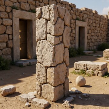 Ancient Weathered Stone Cipo Standing Among Pottery 