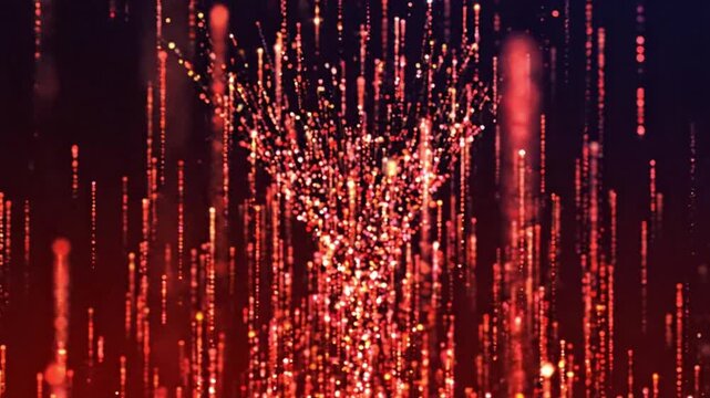 Abstract visual of flying red shiny colors moving up in vertical patterns during an artistic display