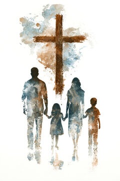 Four family members stand together holding hands beneath a large cross. Soft watercolor colors surround them, creating a spiritual atmosphere