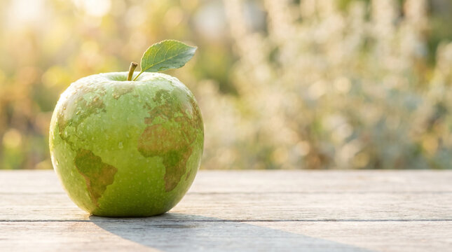Green apple with world map design on wooden table in natural light  