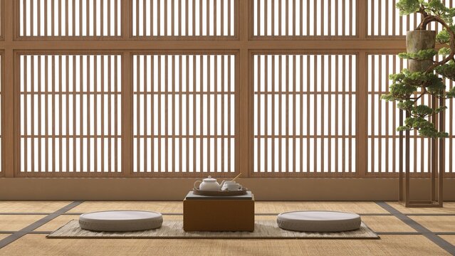 Traditional Japanese tea or dining room with wooden table, floor cushions on tatami mat floor, shoji screen for elegant, luxury interior design decoration, architecture, product background 3D