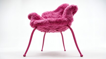 Fototapeta premium Modern pink fur lounge chair with metal legs. Stylish fluffy armchair for luxury home decor and boutique interiors.