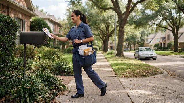 Female Postal Worker Delivering Mail to Residential Mailbox in Suburban Neighborhood