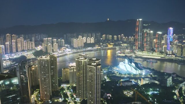 Chongqing cyberpunk city skyline with river 
