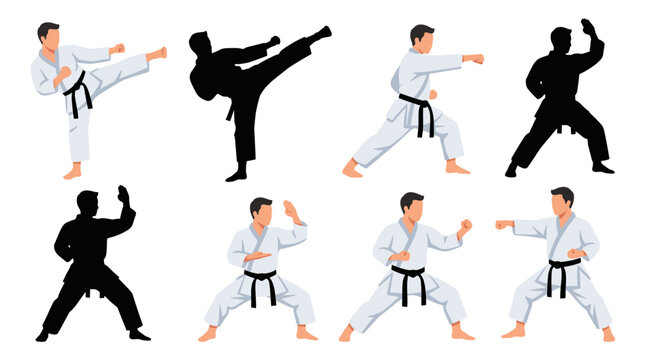 Set of vector collection featuring different karate athlete action poses, front kick, roundhouse kick, straight punch, defensive block, kata performance, victory stance