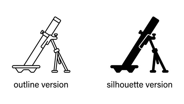 Mortar weapon icon: A set of two mortar weapon icons, one in outline and the other in silhouette, representing military artillery.