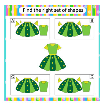 Puzzle for kids. Attention task. Find the correct set of green dress. Answer is C.