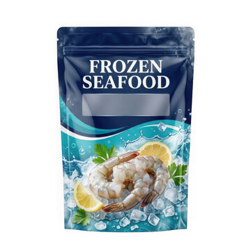 Frozen seafood package with raw shrimp and lemon slices on ice