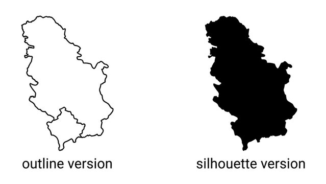 Map of Serbia: Two depictions of Serbia's borders, one as a clean outline and the other as a solid silhouette, ideal for graphic design and educational purposes.