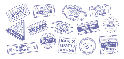 Naklejka na ściany i meble Stamp collection with vintage passport marks from international cities like Paris, Tokyo and Berlin. Vector illustration with retro visa designs, airport badges and graphic elements for vacation trip.