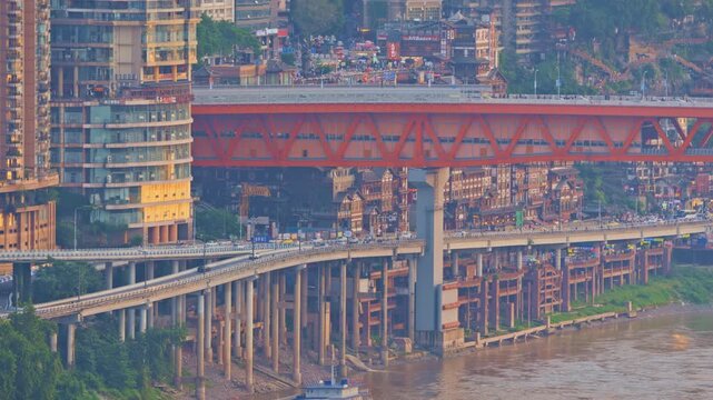 Chongqing cyberpunk city skyline with river and hongyadong 
