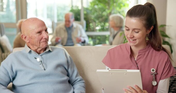 Consulting, old man or caregiver writing in house for medical assessment, wellness report or notes. Happy, senior patient or carer with clipboard in assisted living for health survey, support or chat