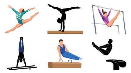 Obraz premium Professional vector collection featuring different gymnast action poses, floor exercise, balance beam routine, uneven bars performance, parallel bars routine, pommel horse exercise, vault jump