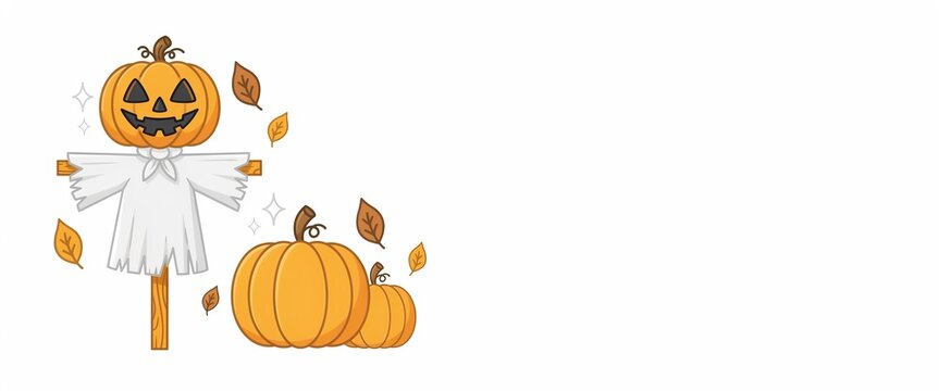 Cartoon pumpkin scarecrow with two pumpkins and falling autumn leaves