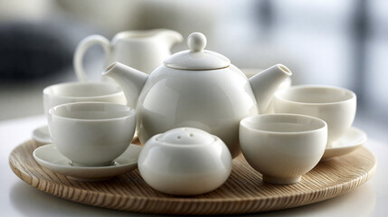 Fototapeta premium An elegant porcelain tea set arranged neatly on a wooden tray.