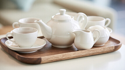 Fototapeta premium An elegant porcelain tea set arranged neatly on a wooden tray.