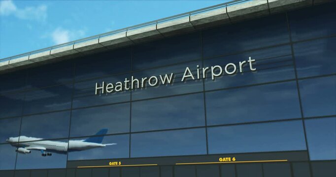 Heathrow London airplane landing. Jet plane airliner travel to UK and terminal airport arrival.