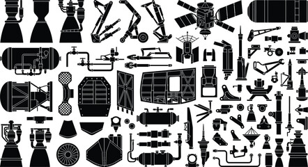 Vector collection of spacecraft and rocket component silhouette icons including engines, thrusters, satellites, antennas, and solar panels © Mst