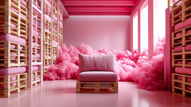 Dreamy Pink Warehouse Interior with Pallet Seating