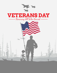 Fototapeta premium Veteran's day silhouette vector illustration with american flag and soldiers.
