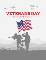 Fototapeta premium Veteran's day silhouette vector illustration with american flag and soldiers.