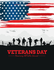 Fototapeta premium Veteran's day silhouette vector illustration with american flag and soldiers.
