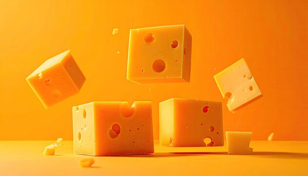 Delicious Swiss Cheese Cubes Levitating in Mid-Air.