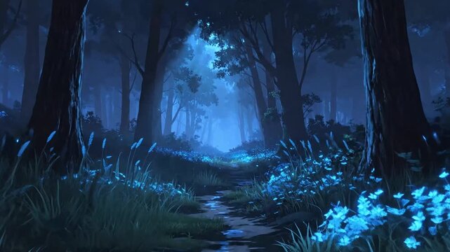 A glowing path winds through a dark and mysterious forest scene