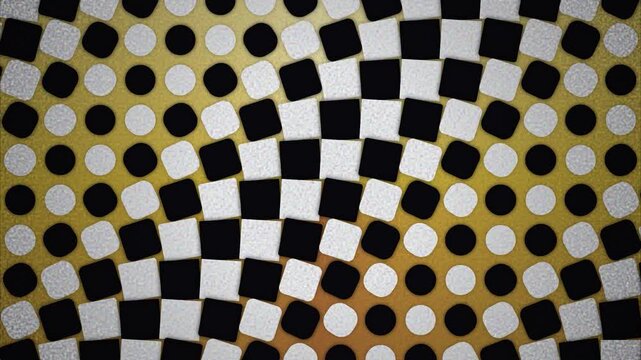 Morphing Geometric Pattern Black and White Dots and Squares on Golden Glow Psychedelic Op Art Style Seamless Looping Motion Graphic Background for Digital Backdrop