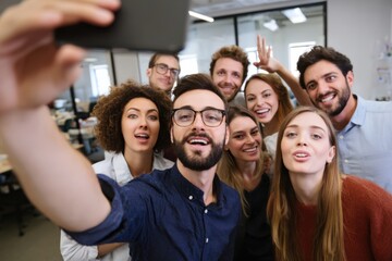 Fototapeta premium Team Cheerful Colleagues Having Selfies Office Fun