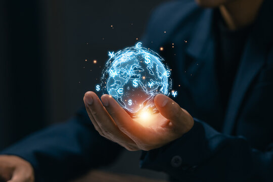 Global currency exchange concept with digital world globe and international finance symbols, representing foreign exchange, global economy, cross border payments and financial technology.