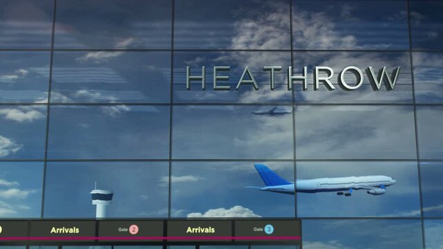 Heathrow London plane landing. Jet airplane airliner travel to UK and terminal airport arrival.