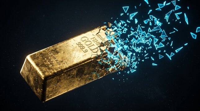 Gold Bullion Bar Dissolving into Glowing Digital Blockchain Shards