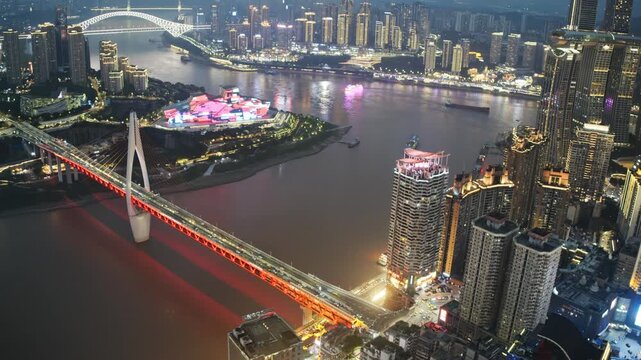Chongqing cyberpunk city skyline with river 