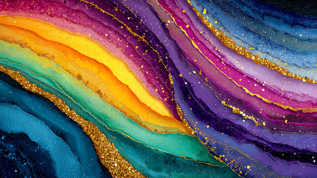 Premium rainbow fluid marble background with shimmering gold foil. Ideas for backgrounds, social media design, and business card templates.