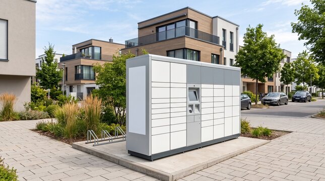 Parcel locker station in a modern neighborhood. Automated delivery kiosk for online orders.