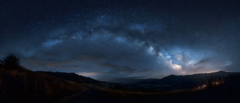 Panoramic Milky Way Galaxy Over Mountainous Landscape at Night.