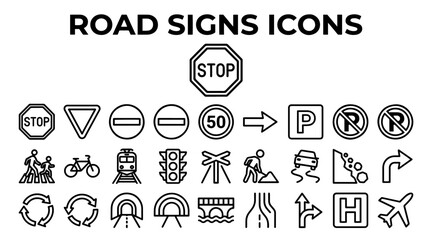 A comprehensive set of black and white line art road signs and traffic icons on a clean white background. © MSTSUFIA