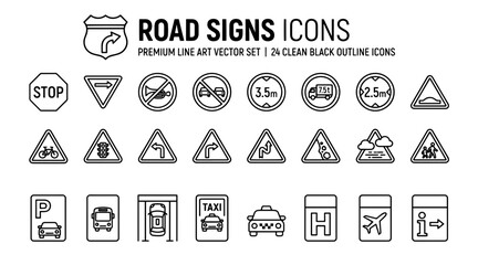 A comprehensive set of black outline vector road signs and traffic symbols isolated on a clean white background. © MSTSUFIA