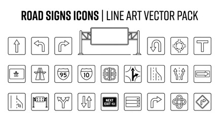 A comprehensive set of black and white line art vector icons representing various road signs and traffic symbols. © MSTSUFIA