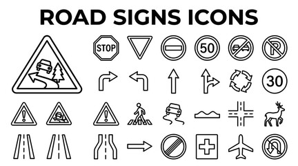 A comprehensive set of black and white outline road sign icons representing various traffic rules and warnings. © MSTSUFIA
