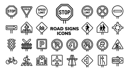 A comprehensive set of black and white line art icons representing various road signs, traffic signals, and symbols. © MSTSUFIA