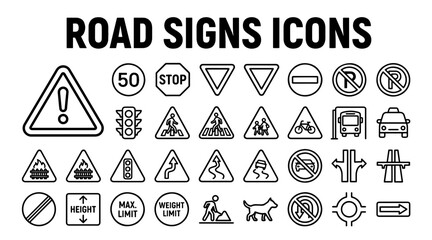 Collection of Road Signs Icons Featuring Minimalist Line Art Style for Traffic Safety and Navigation © MSTSUFIA